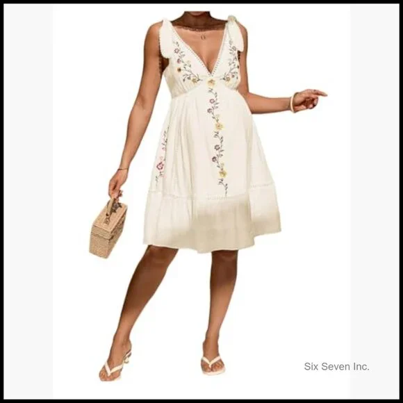 Rayon Maternity Mini Dress Floral Embroidery Boho Beach Vacation - Picture 2 of 5